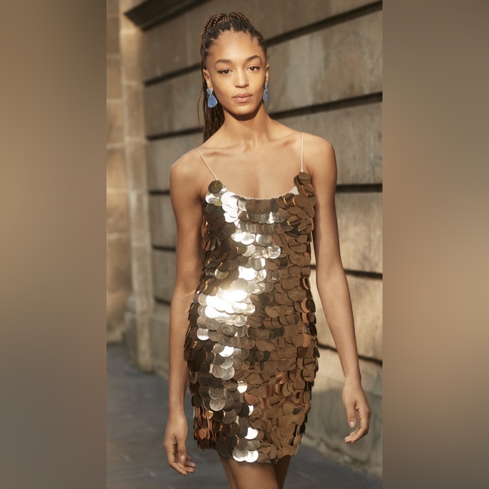 $725 Alice + Olivia‎ Embellished Contessa Mini Dress Gold sequin disco mini